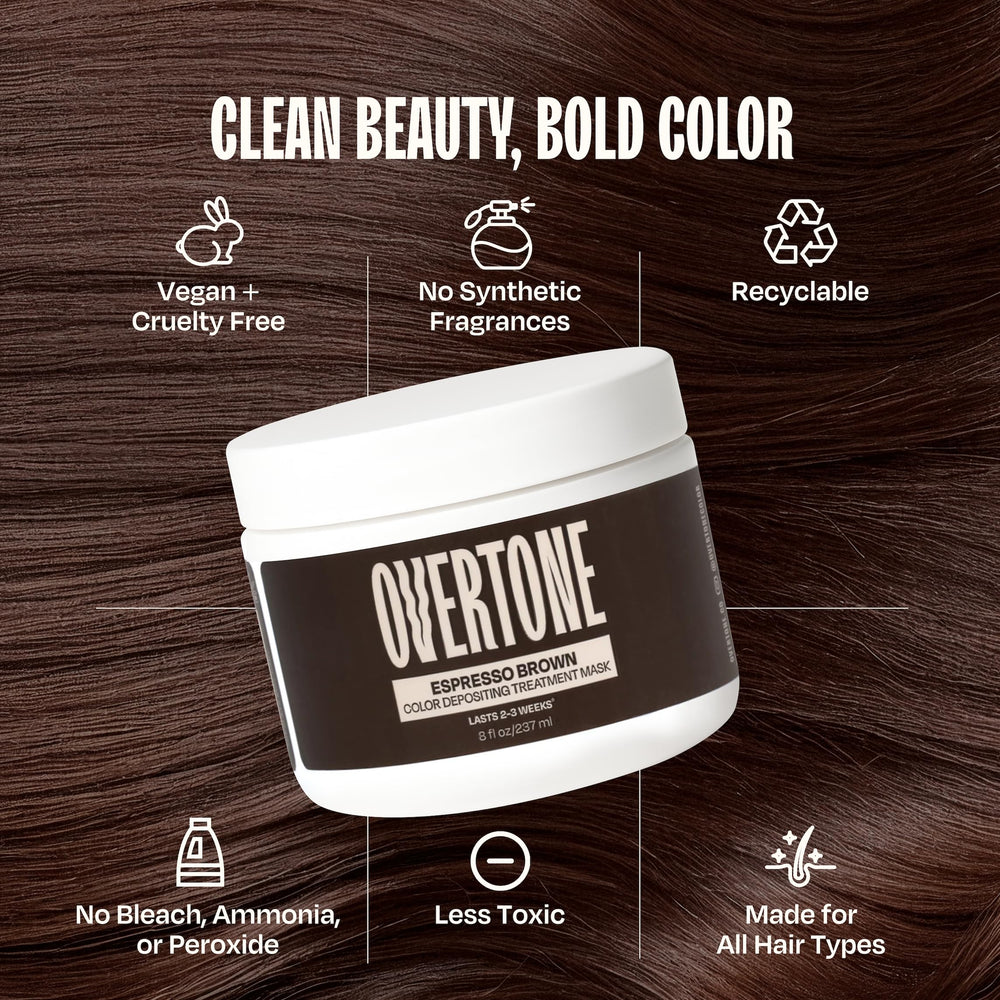 overtone Espresso Brown ingredients panel with shea butter and coconut oil