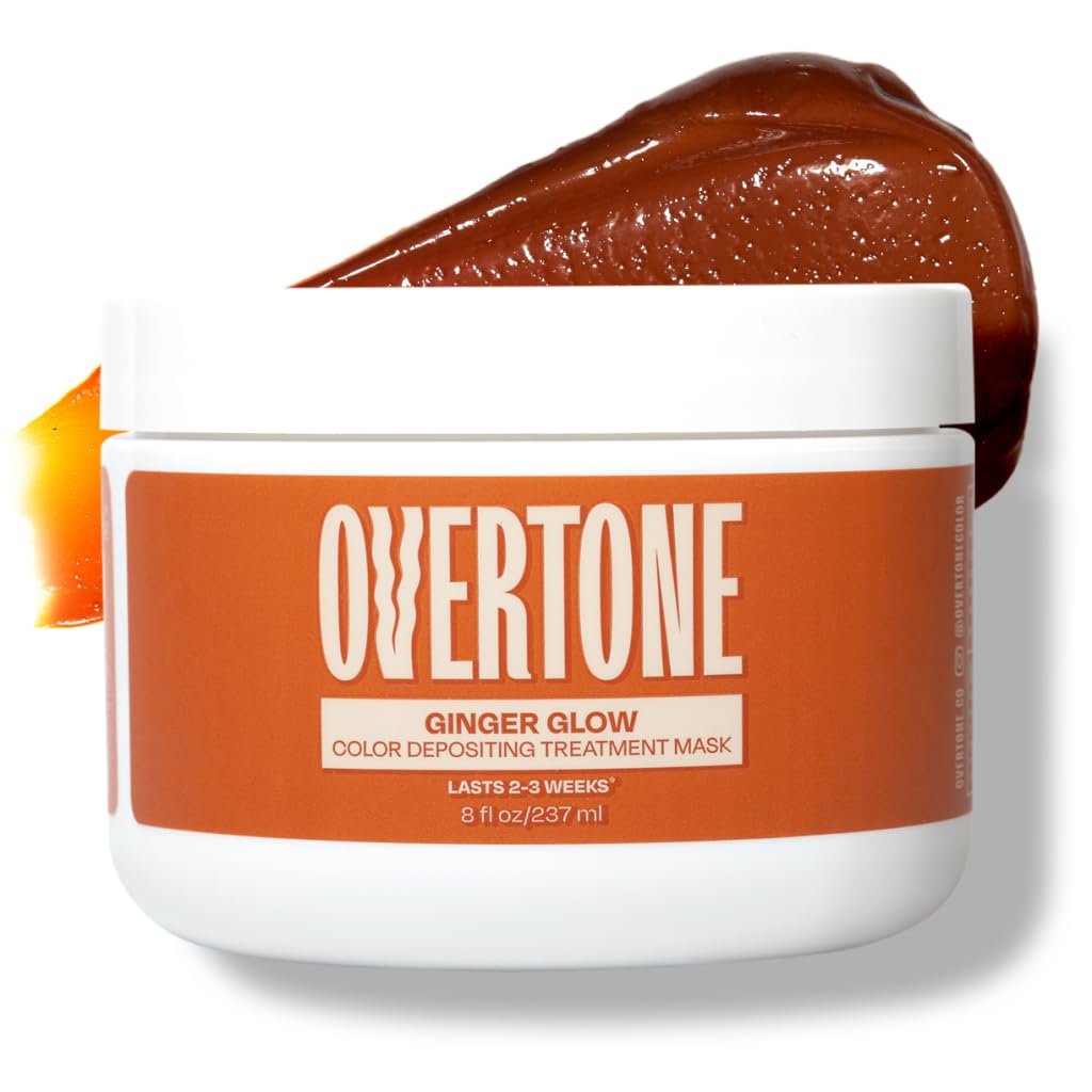 oVertone Ginger Glow bottle with color swatch showing vibrant, lasting color deposit.