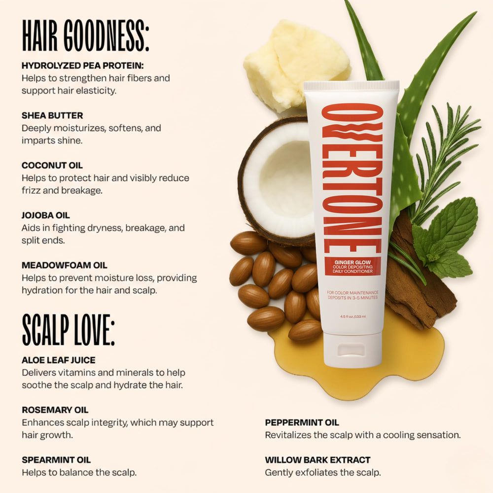 Overtone Ginger Glow color wash closeup captures rich ginger hues and shine.