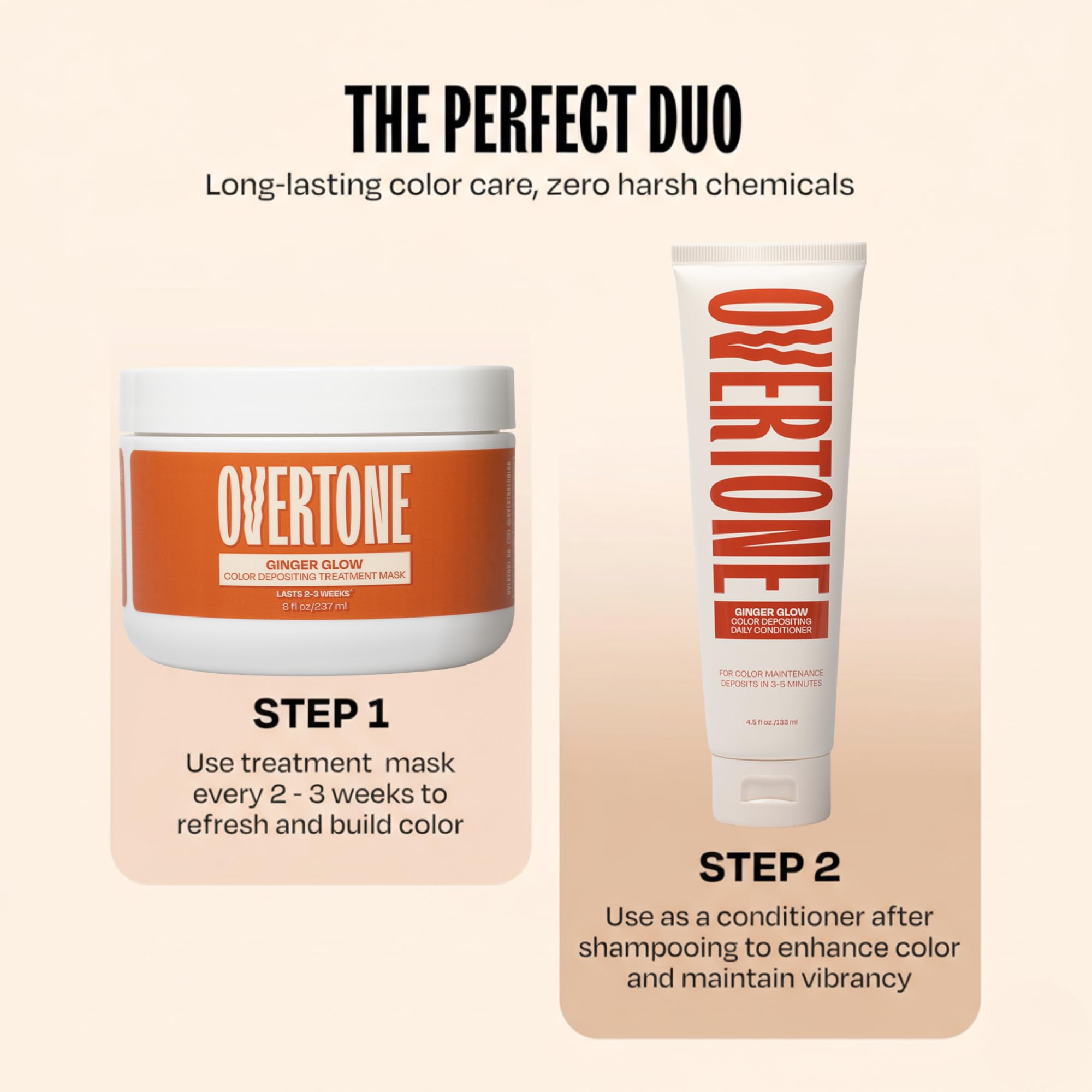Overtone Ginger Glow hair application shows even color deposit on strands.