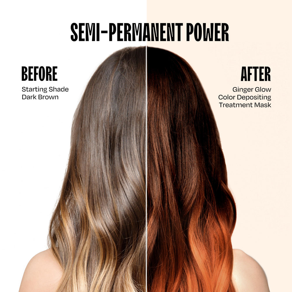 oVertone Ginger Glow hair application on dry hair, promising easy 10–15 minute color.