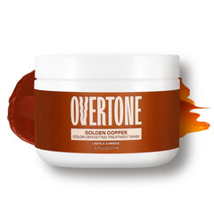 Overtone Golden Copper bottle application demonstrates at-home color depositing conditioner