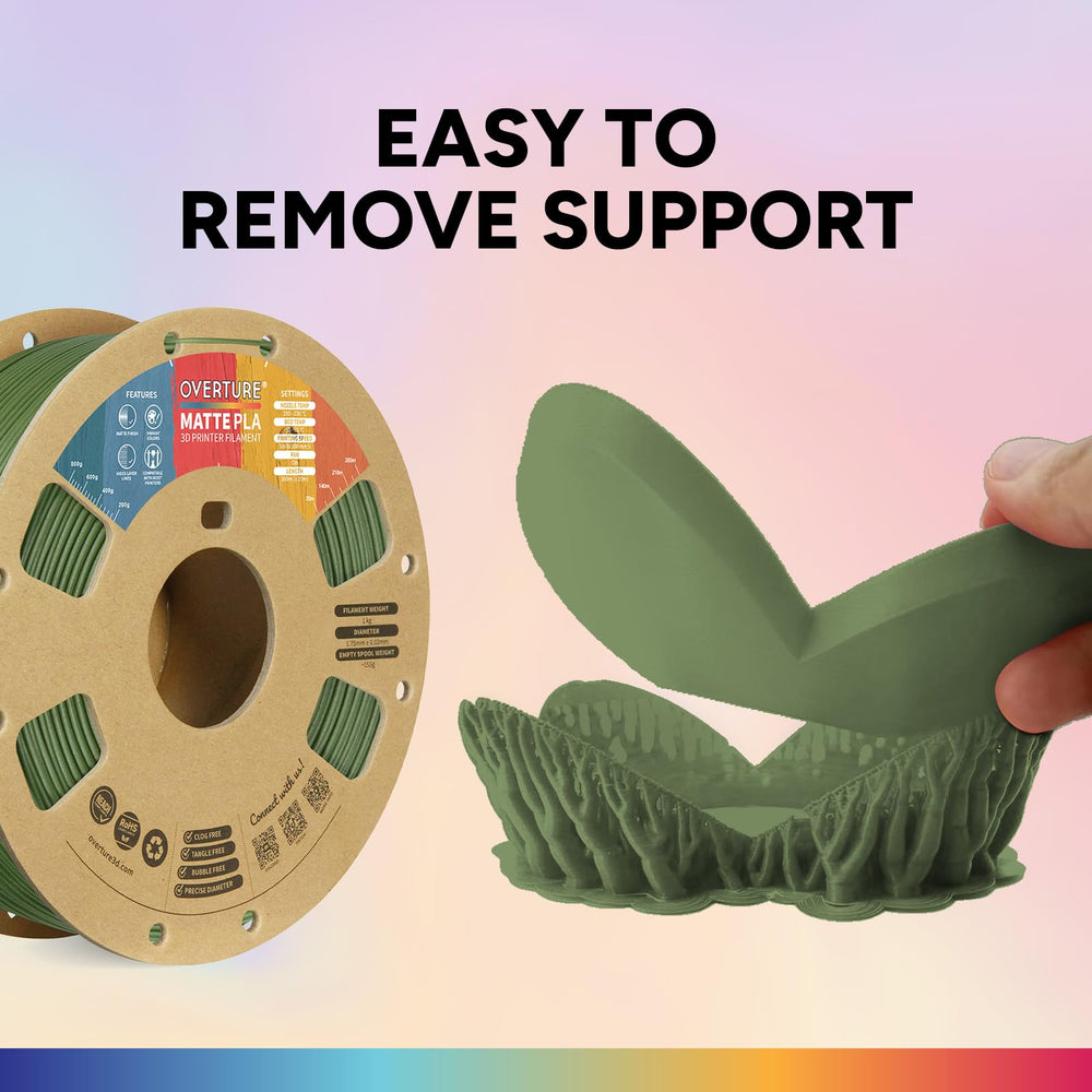 Overture Matte PLA with CCD diameter calibration ensures tight tolerances.