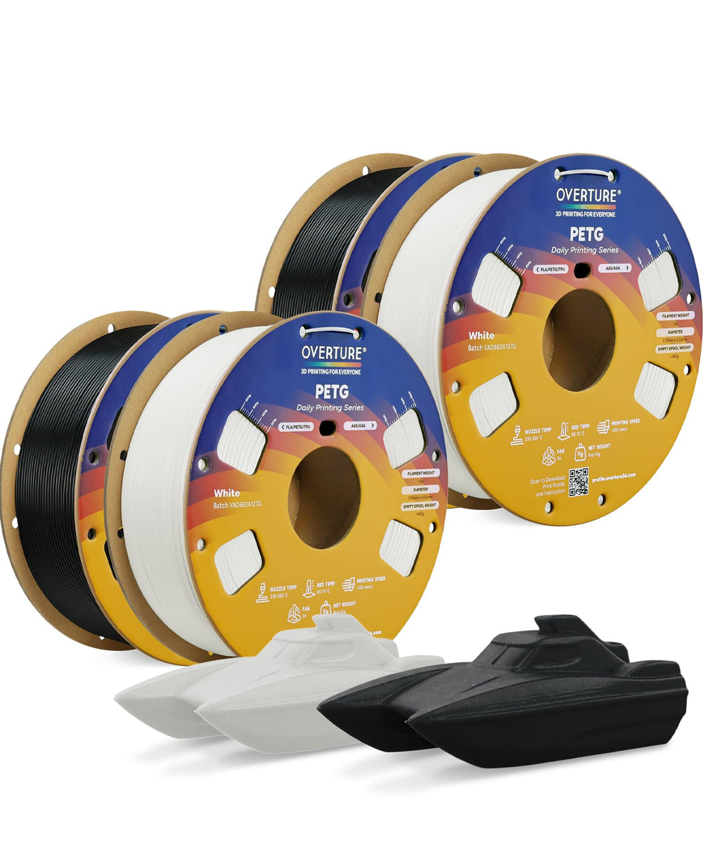 OVERTURE PETG black spools, durable 1.75mm filament for tough functional parts.