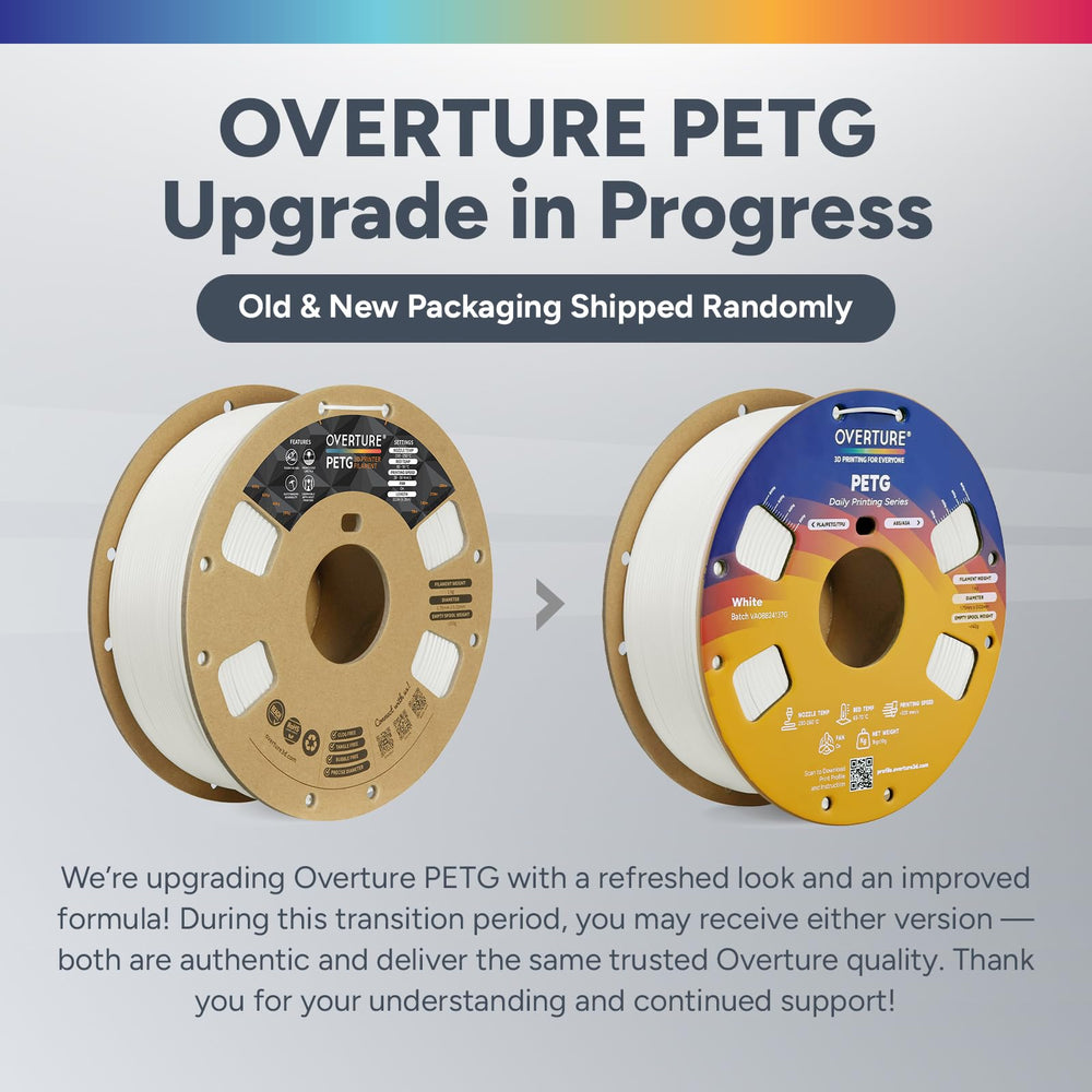 OVERTURE PETG black spools, side view showing neat winding for reliable printing.