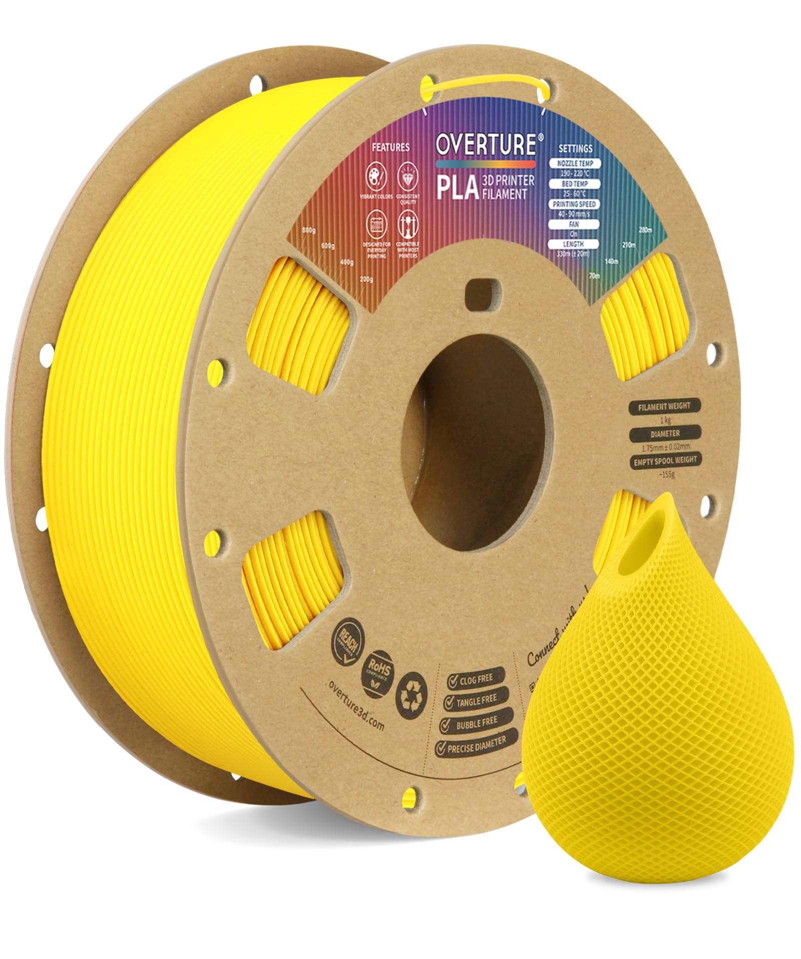 OVERTURE PLA filament neatly wound on 1kg spool in lemon yellow for smoother feeds