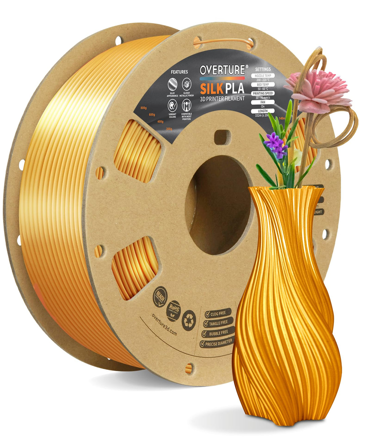 Overture Silk PLA 1.75mm spool front showing glossy silk finish for luxurious prints
