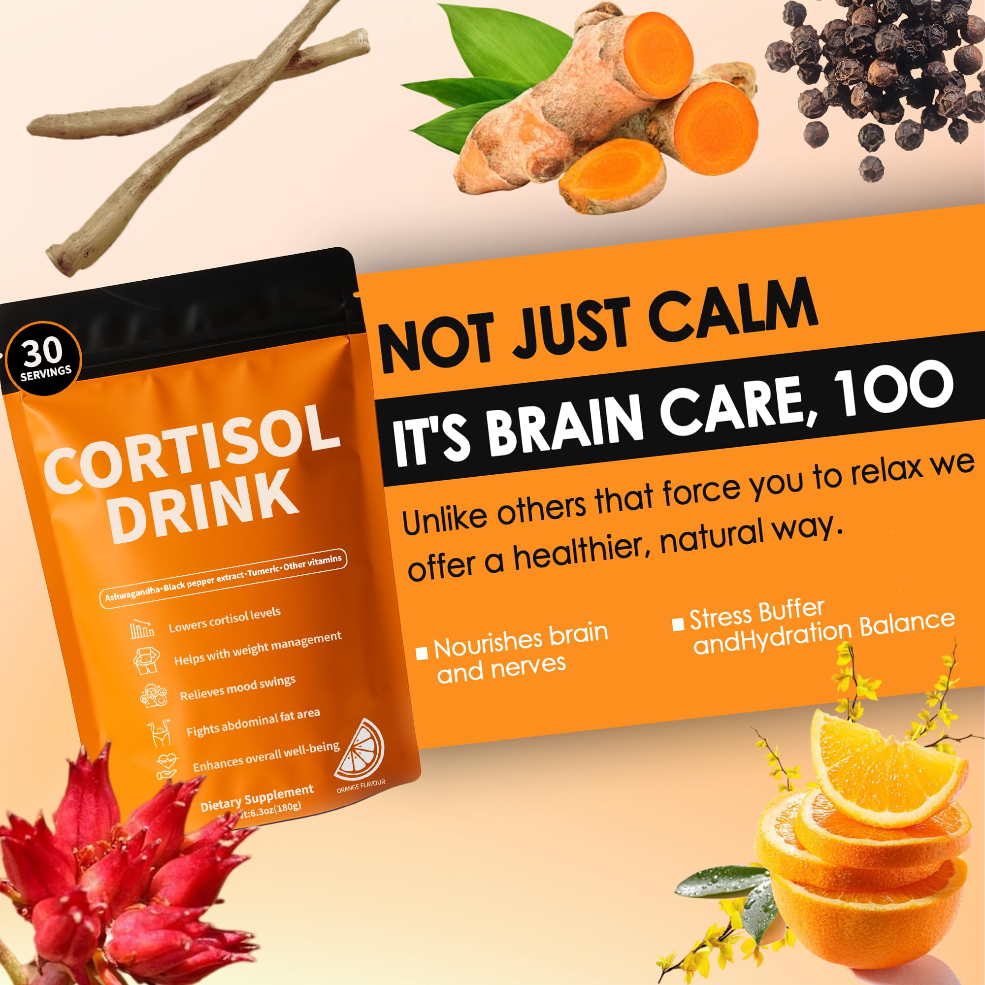 Oviaapo Ashwagandha and L-Theanine ingredients close-up for calm focus.