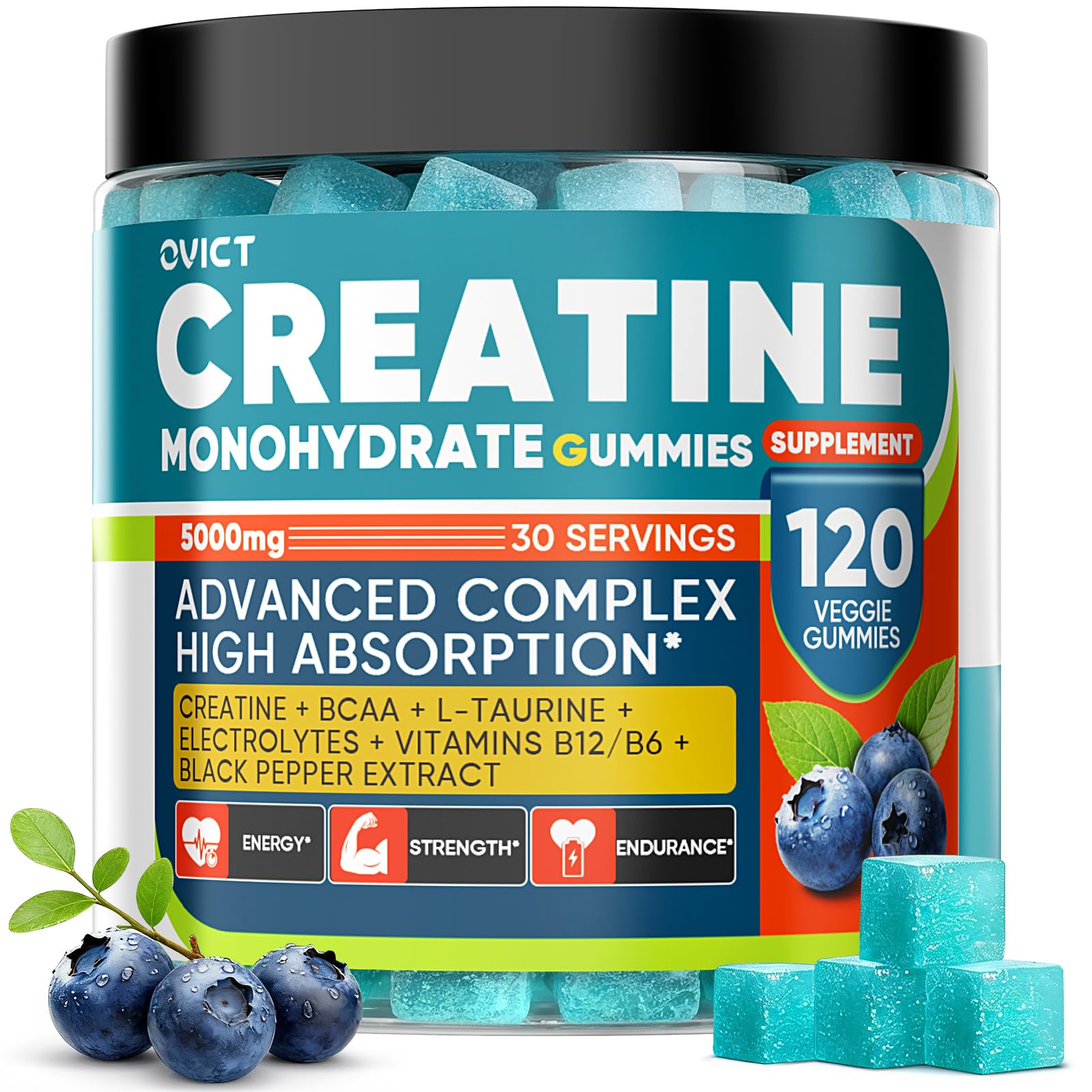 OVICT Creatine Gummies bottle highlighting purity and rapid absorption.