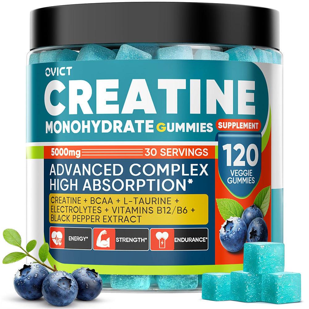 OVICT Creatine Gummies bottle highlighting purity and rapid absorption.