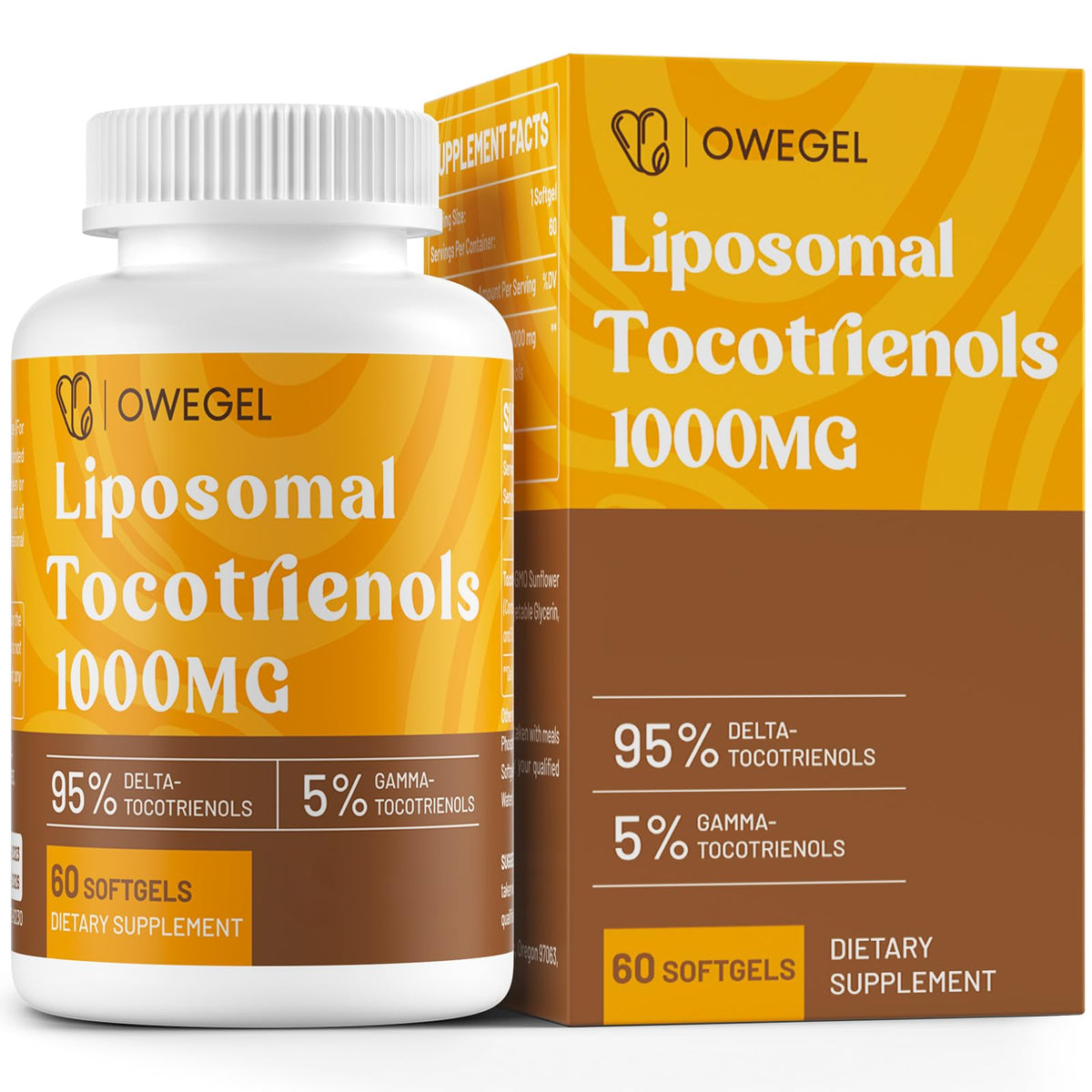 Owegel liposomal tocotrienols bottle front with high potency formula for daily antioxidant support.
