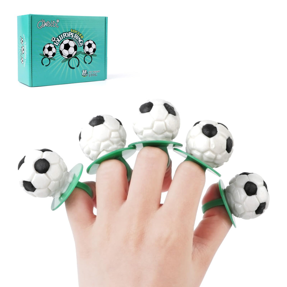 Oweiroi Soccer Ring Lollipops finger-wear design adds playful party novelty.