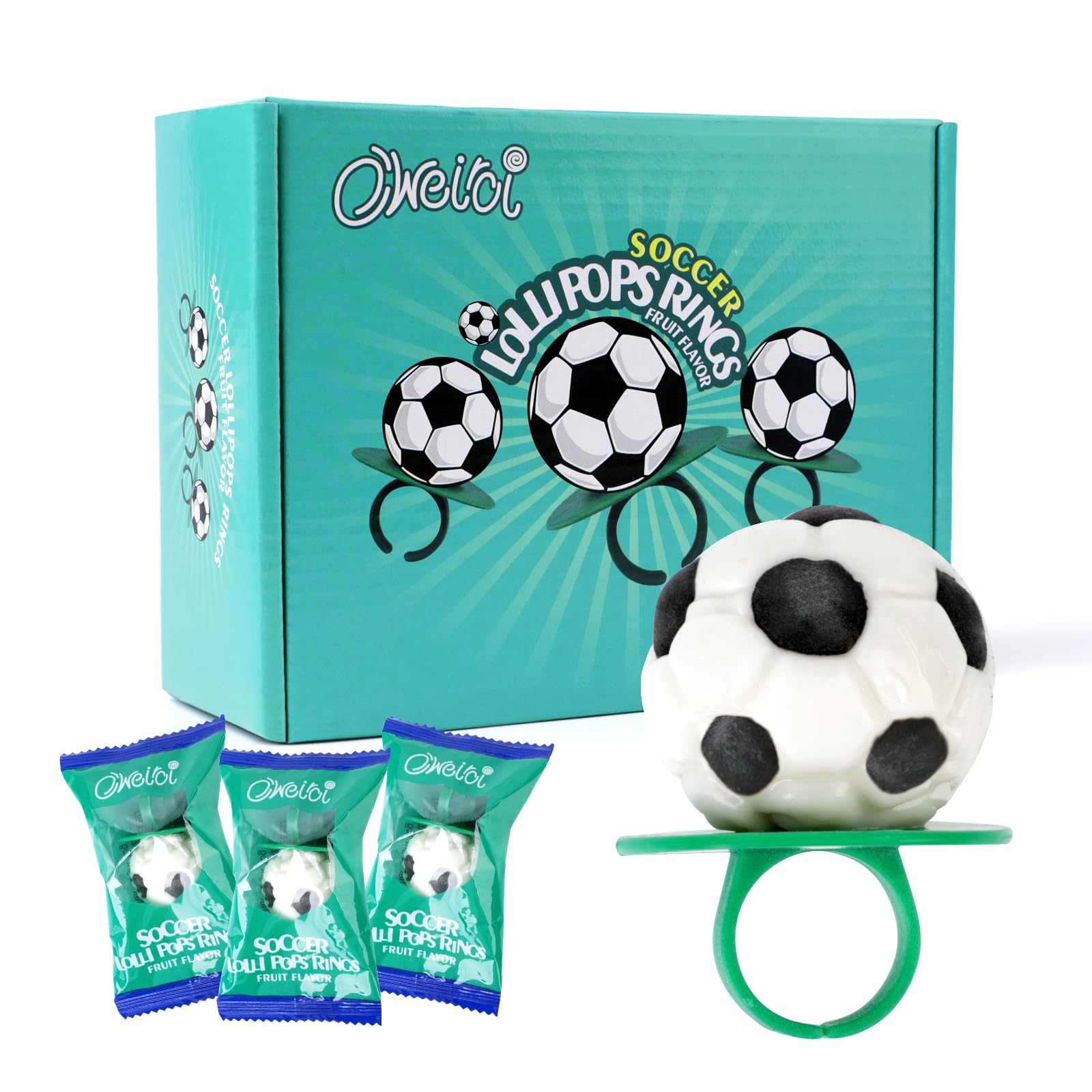 Oweiroi Soccer Ring Lollipops packaging with individually wrapped candies for freshness.