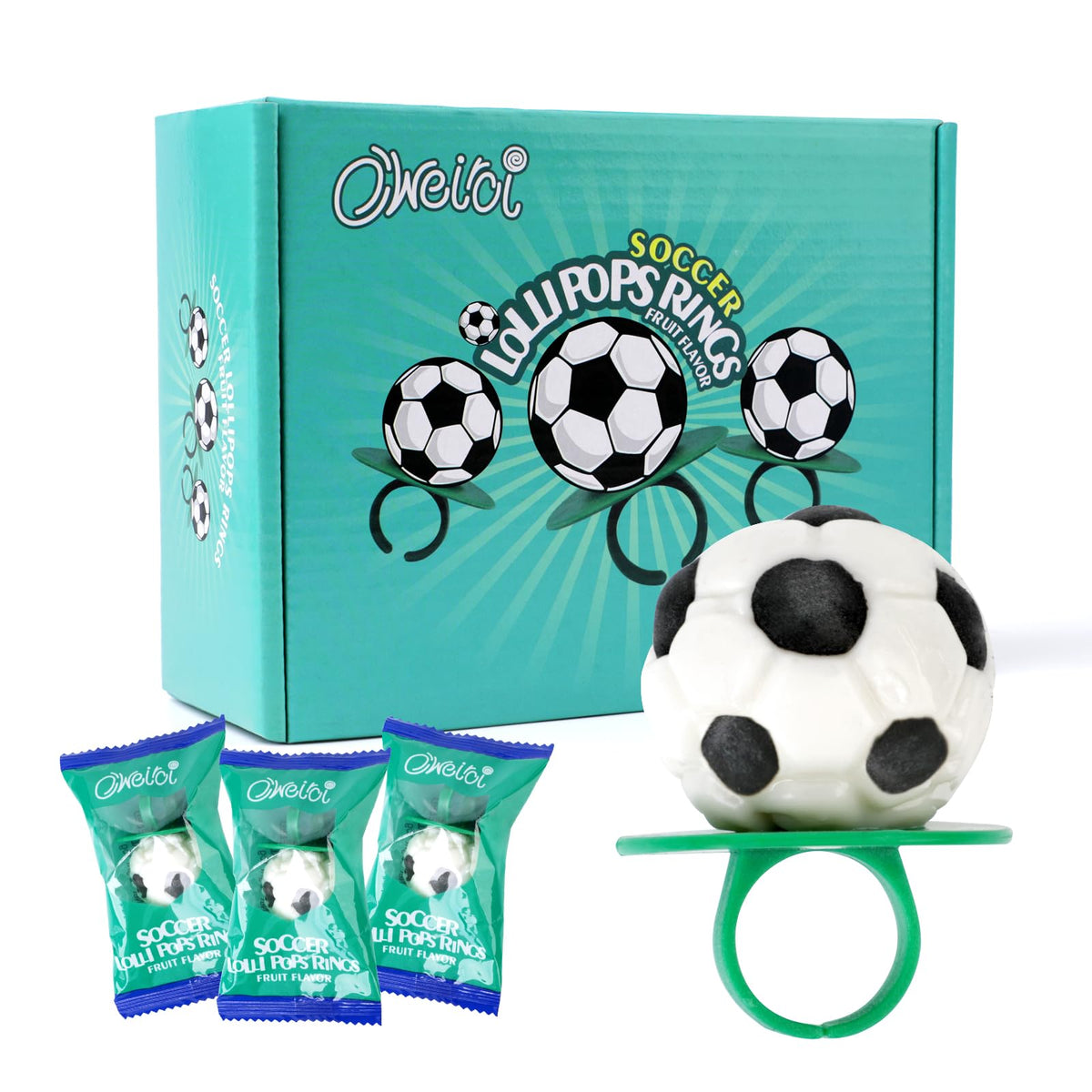 Oweiroi Soccer Ring Lollipops packaging with individually wrapped candies for freshness.