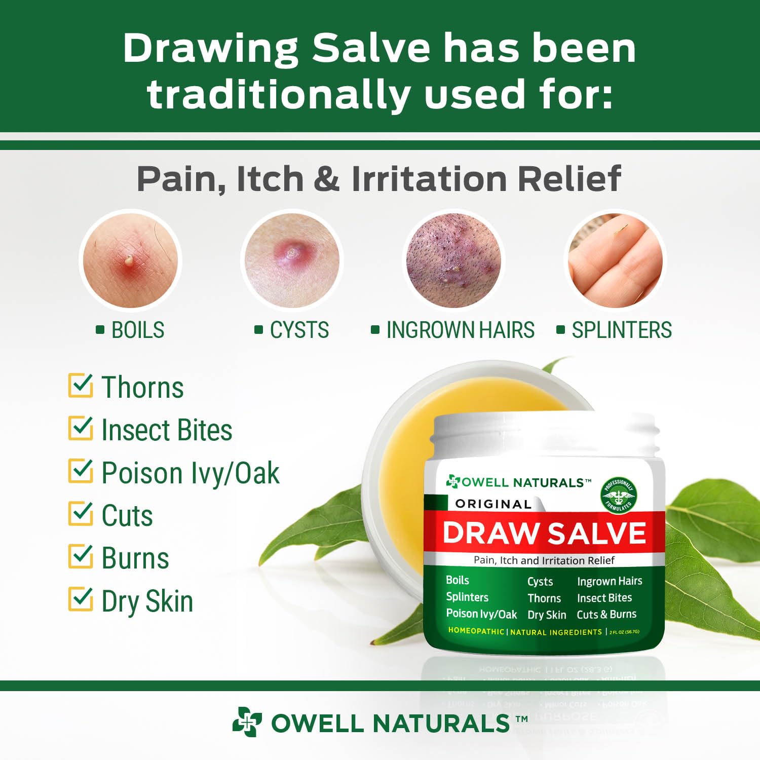Owell Naturals Drawing Salve application shows a clear, smooth finish with gentle use for sensitive skin.
