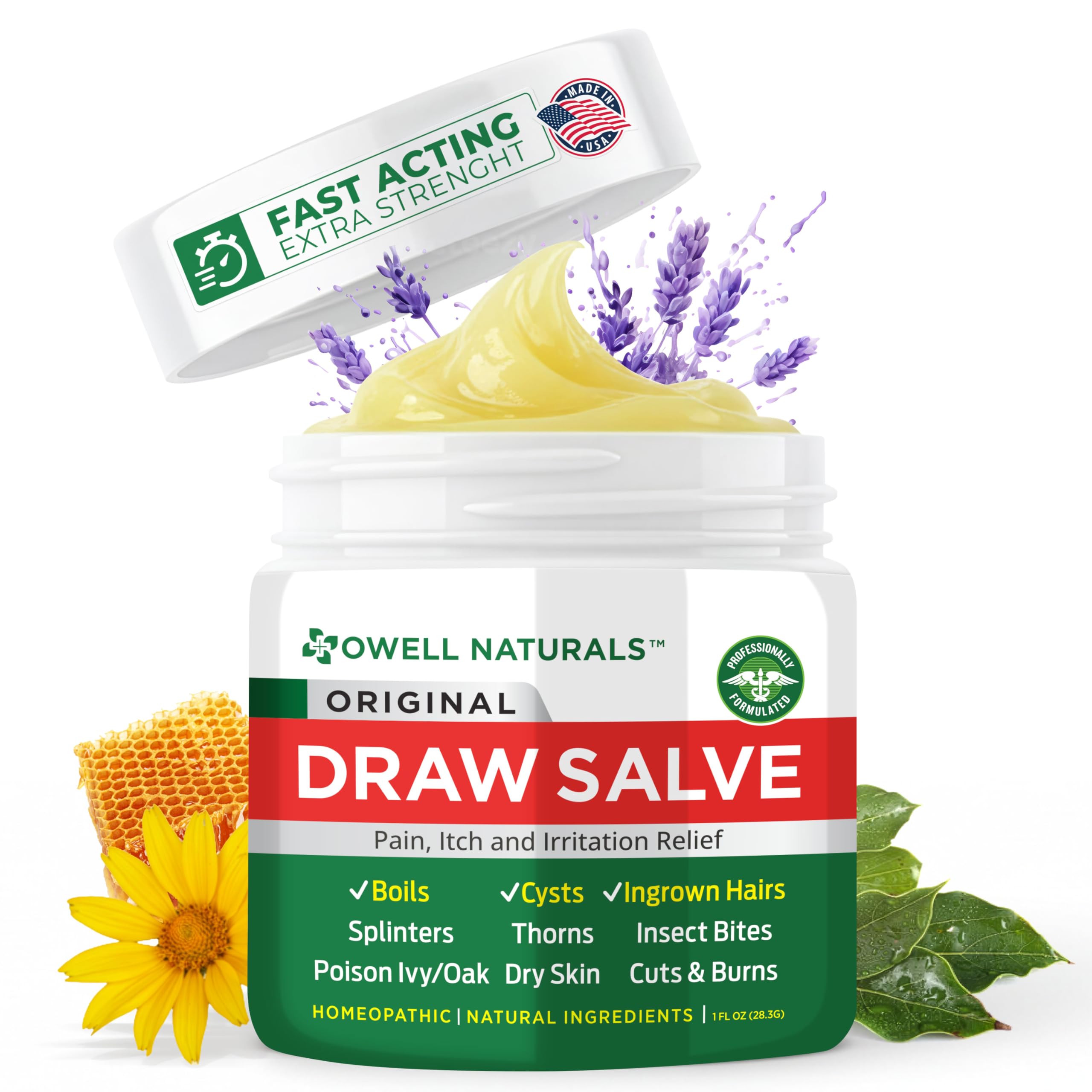 OWELL Naturals Drawing Salve bottle shows quick-acting herbal balm for skin irritations.