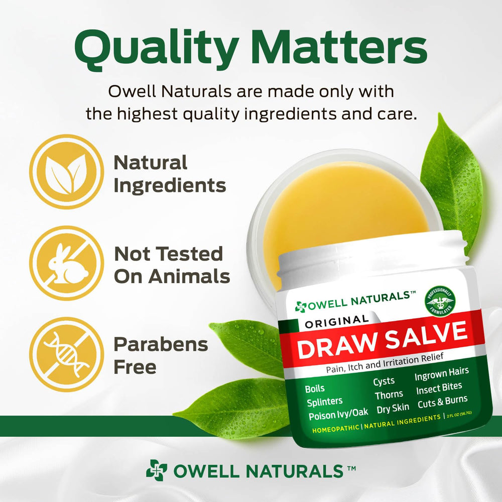 Owell Naturals Drawing Salve provides rapid relief for splinters, bites, and irritations.