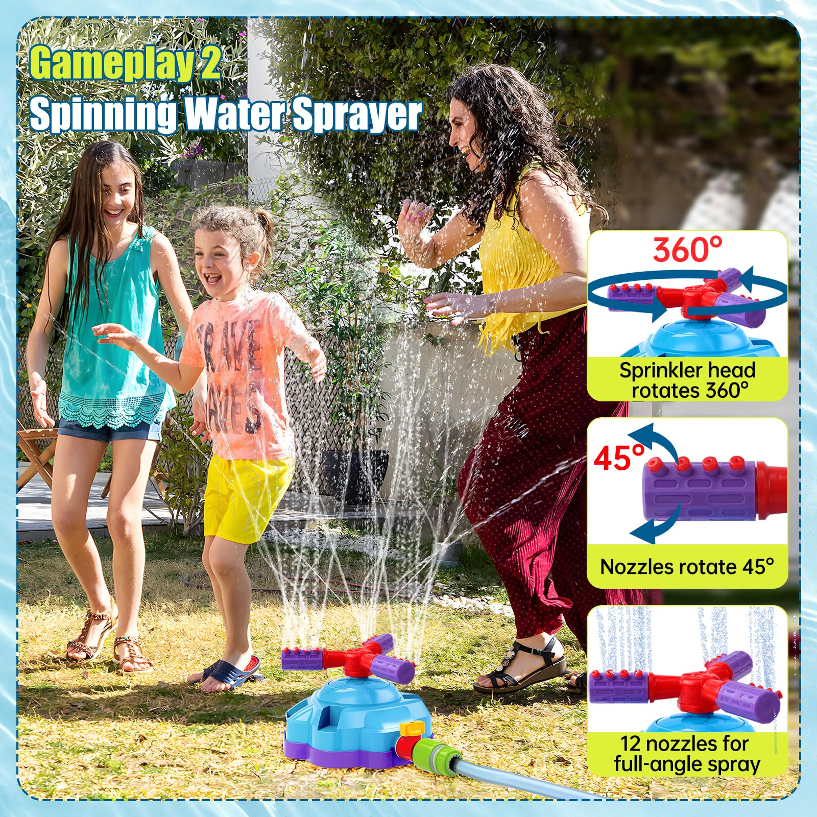 OWNONE 360-degree sprinkler spins for cooling and group play