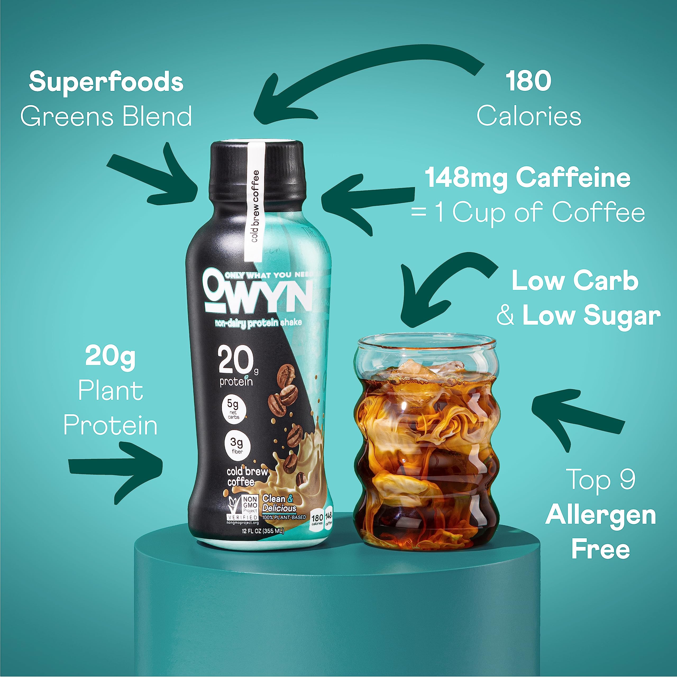 OWYN cold brew coffee shake glass ready for a refreshing protein boosted drink.