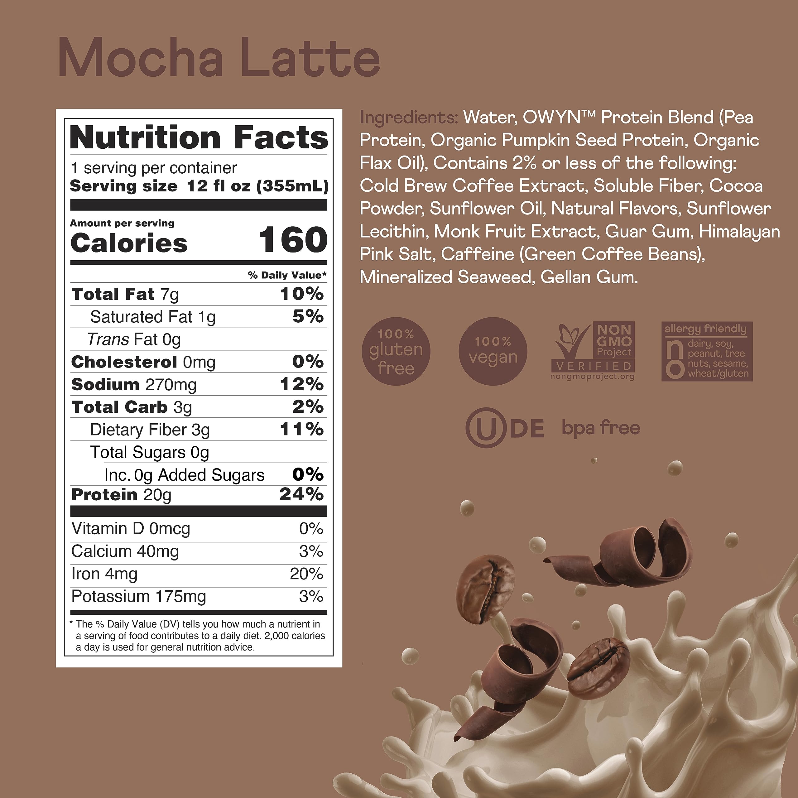OWYN dairy-free ingredients image features plant-based protein from peas, pumpkin seeds, and flaxseed oil.