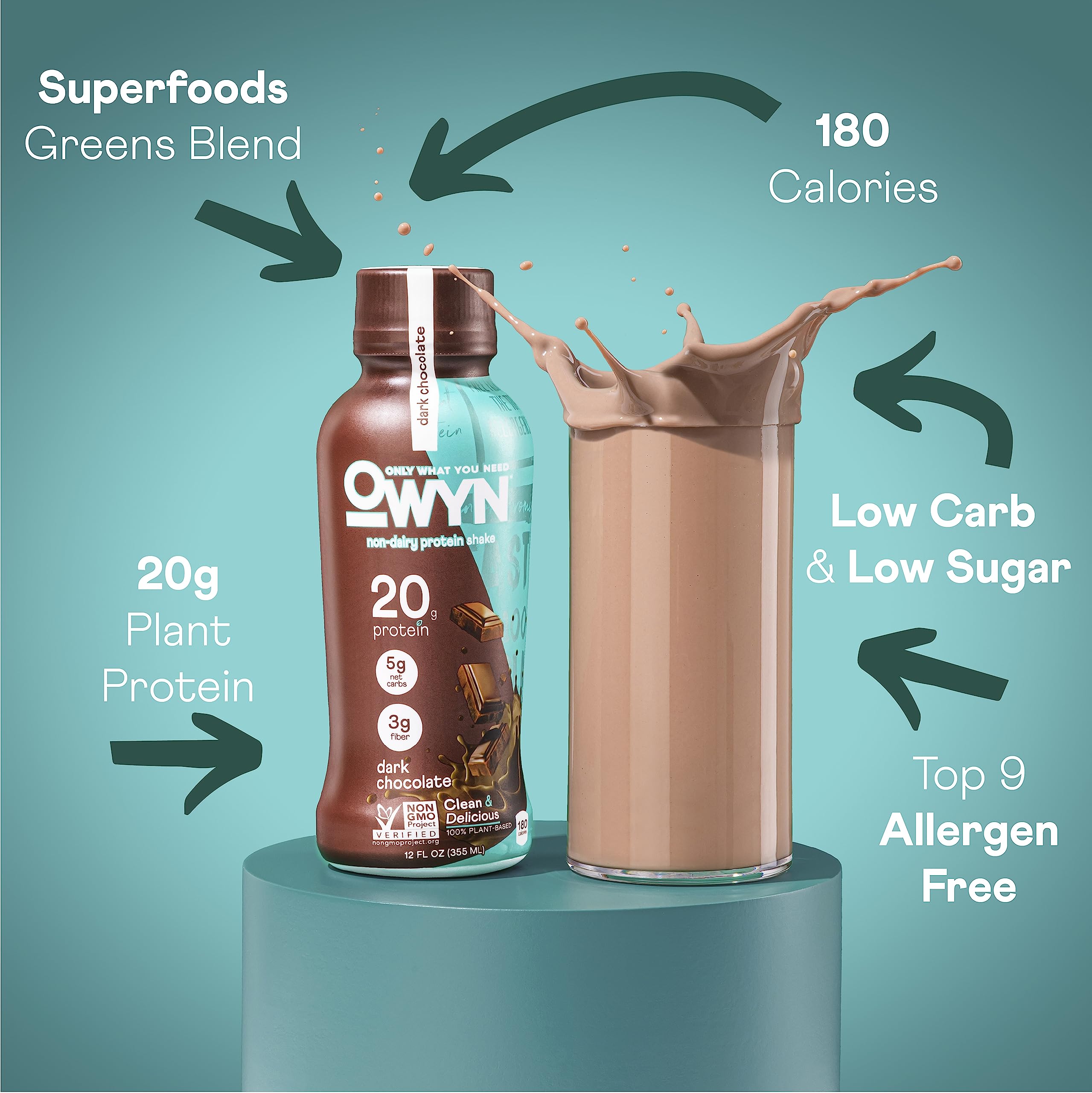 OWYN dark chocolate protein bottle close-up highlighting convenient on-the-go nutrition