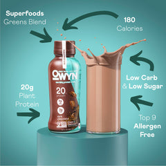 OWYN dark chocolate protein bottle close-up highlighting convenient on-the-go nutrition