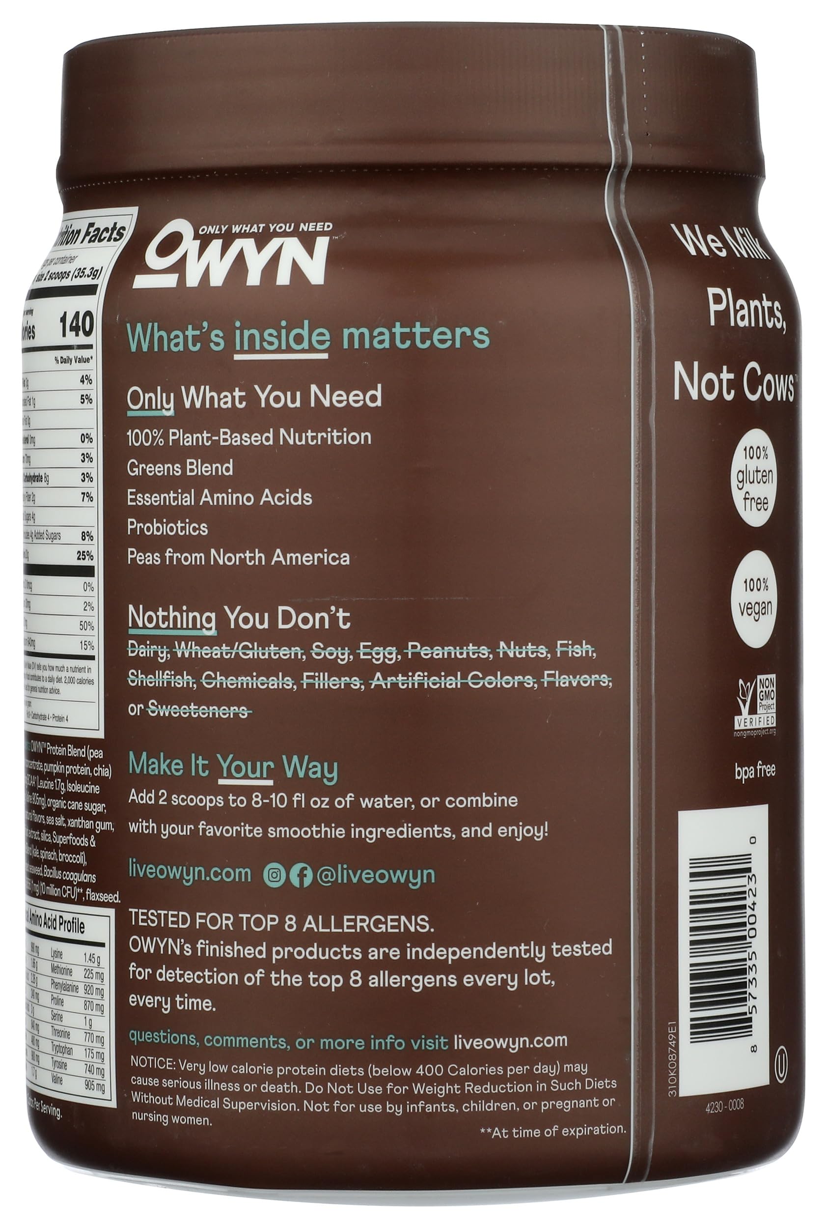 OWYN dark chocolate protein powder label close-up showing allergen-friendly certification
