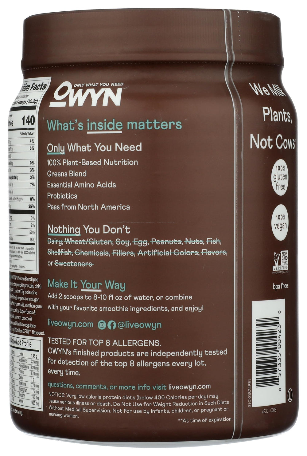 OWYN dark chocolate protein powder label close-up showing allergen-friendly certification