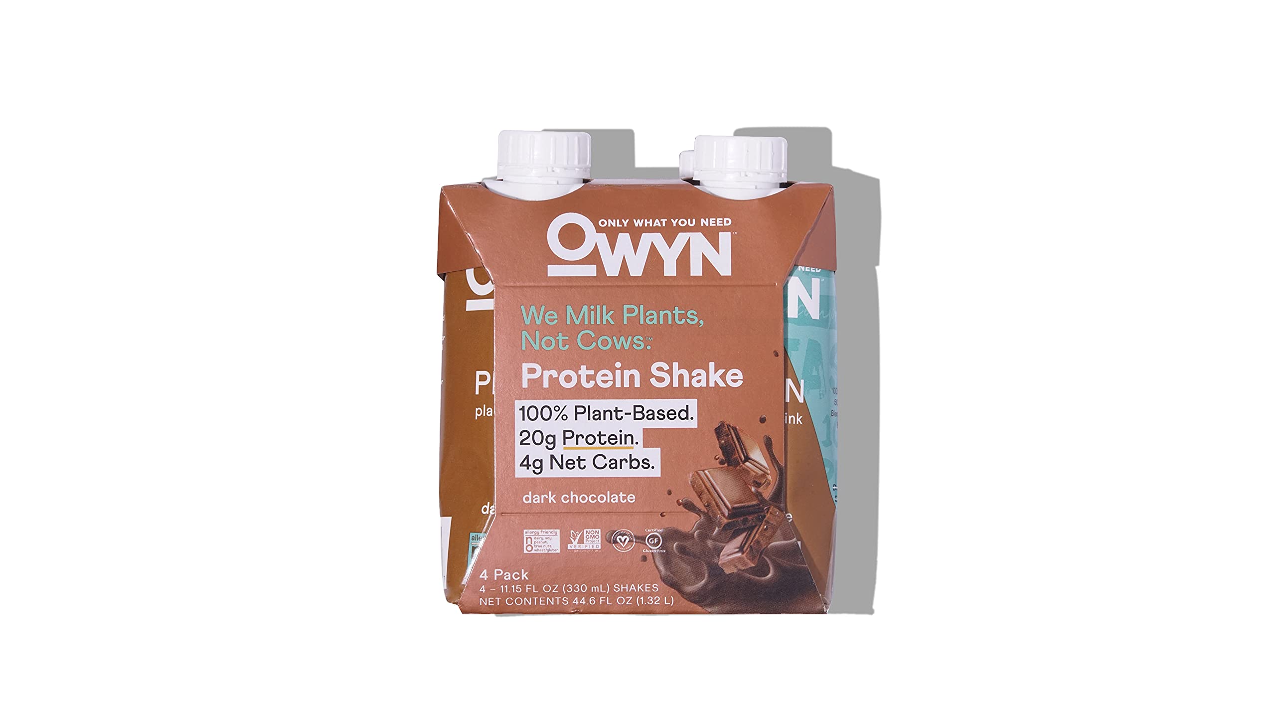 OWYN dark chocolate protein shake bottle for on-the-go vegan nutrition.