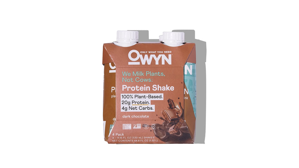 OWYN dark chocolate protein shake bottle for on-the-go vegan nutrition.