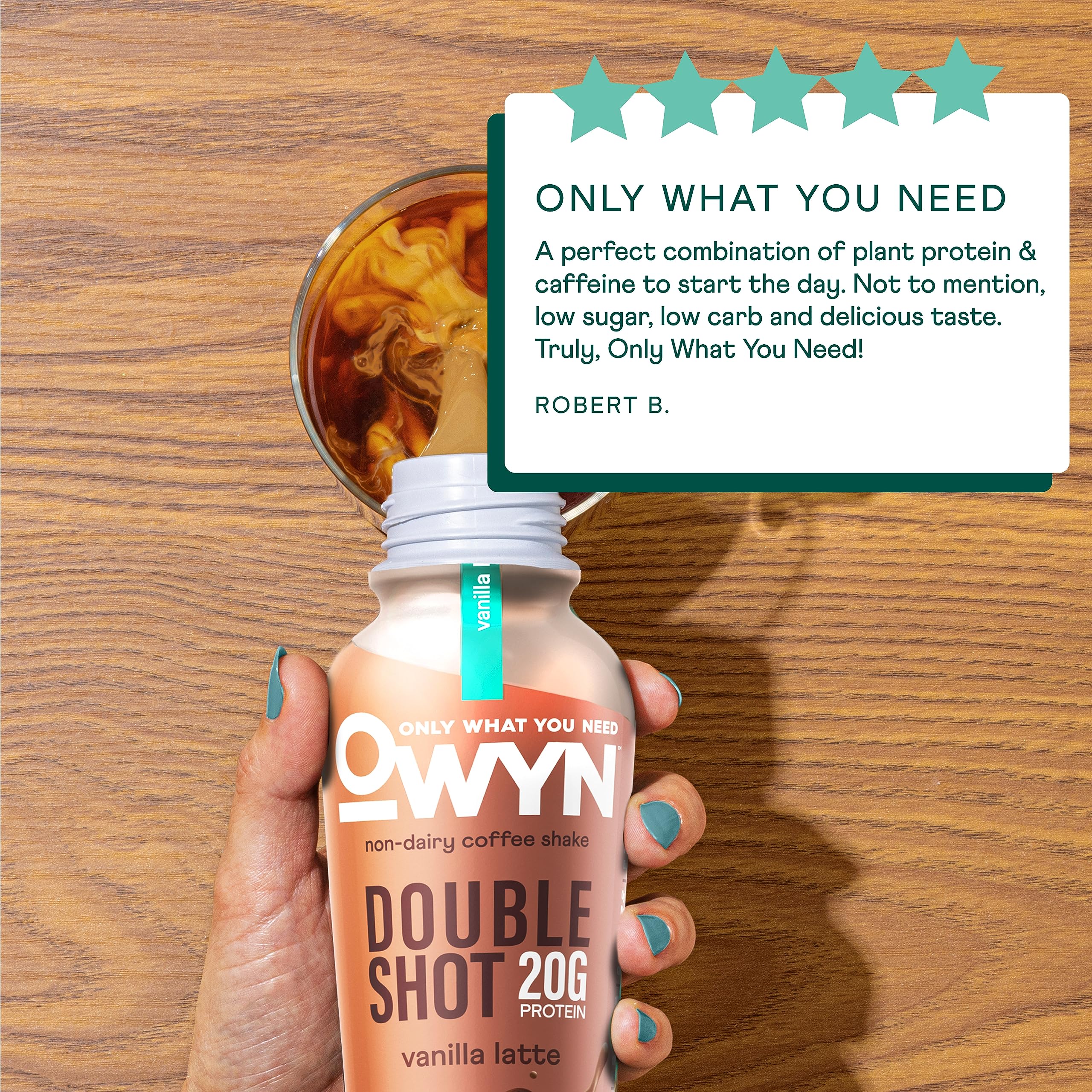 OWYN double-shot caramel macchiato shake combines decadent flavor with dairy-free protein