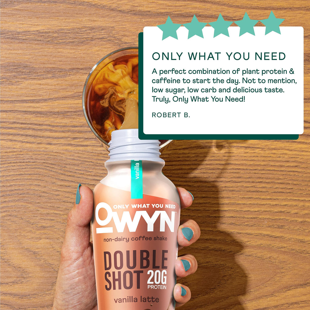 OWYN double-shot caramel macchiato shake combines decadent flavor with dairy-free protein