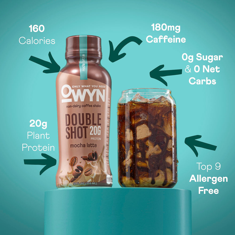 OWYN Double Shot Coffee nutrition panel shows 20g protein and zero sugar per serving.
