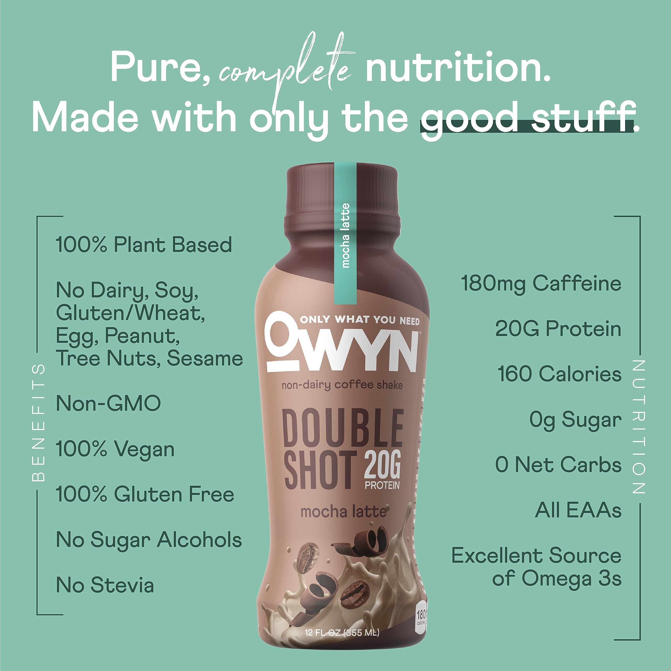OWYN Double Shot Mocha Latte poured into a glass for a convenient morning mix.