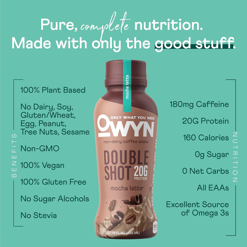 OWYN Double Shot Mocha Latte poured into a glass for a convenient morning mix.