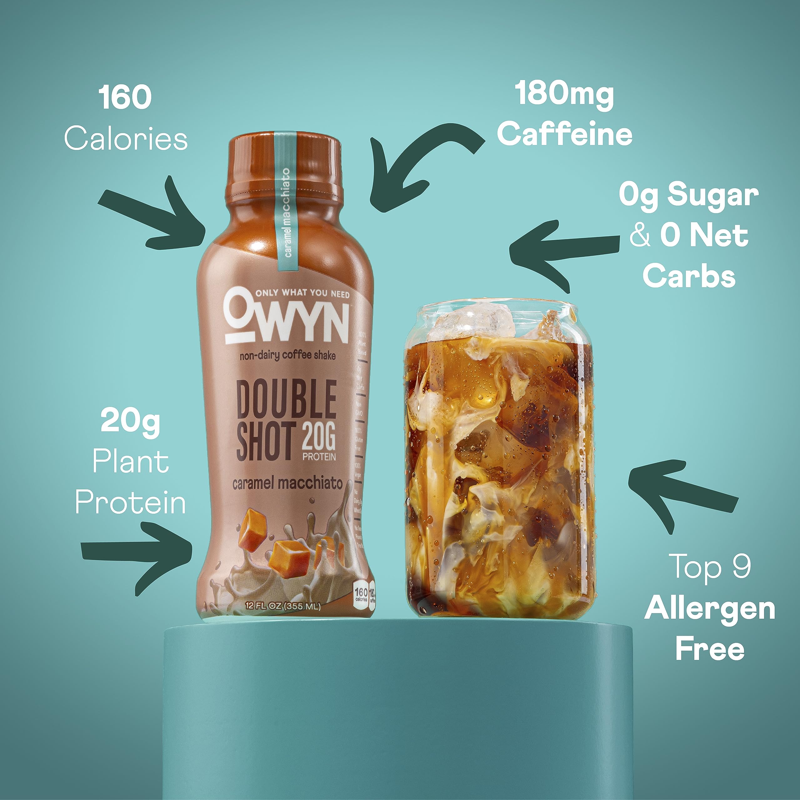 OWYN Double Shot label shows vegan protein and zero sugar for clean fueling.