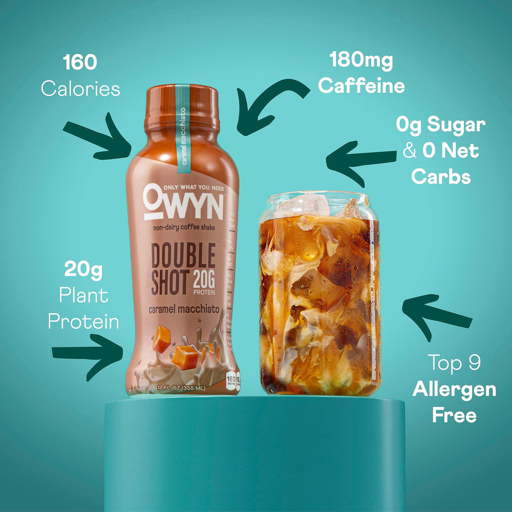 OWYN Double Shot label shows vegan protein and zero sugar for clean fueling.