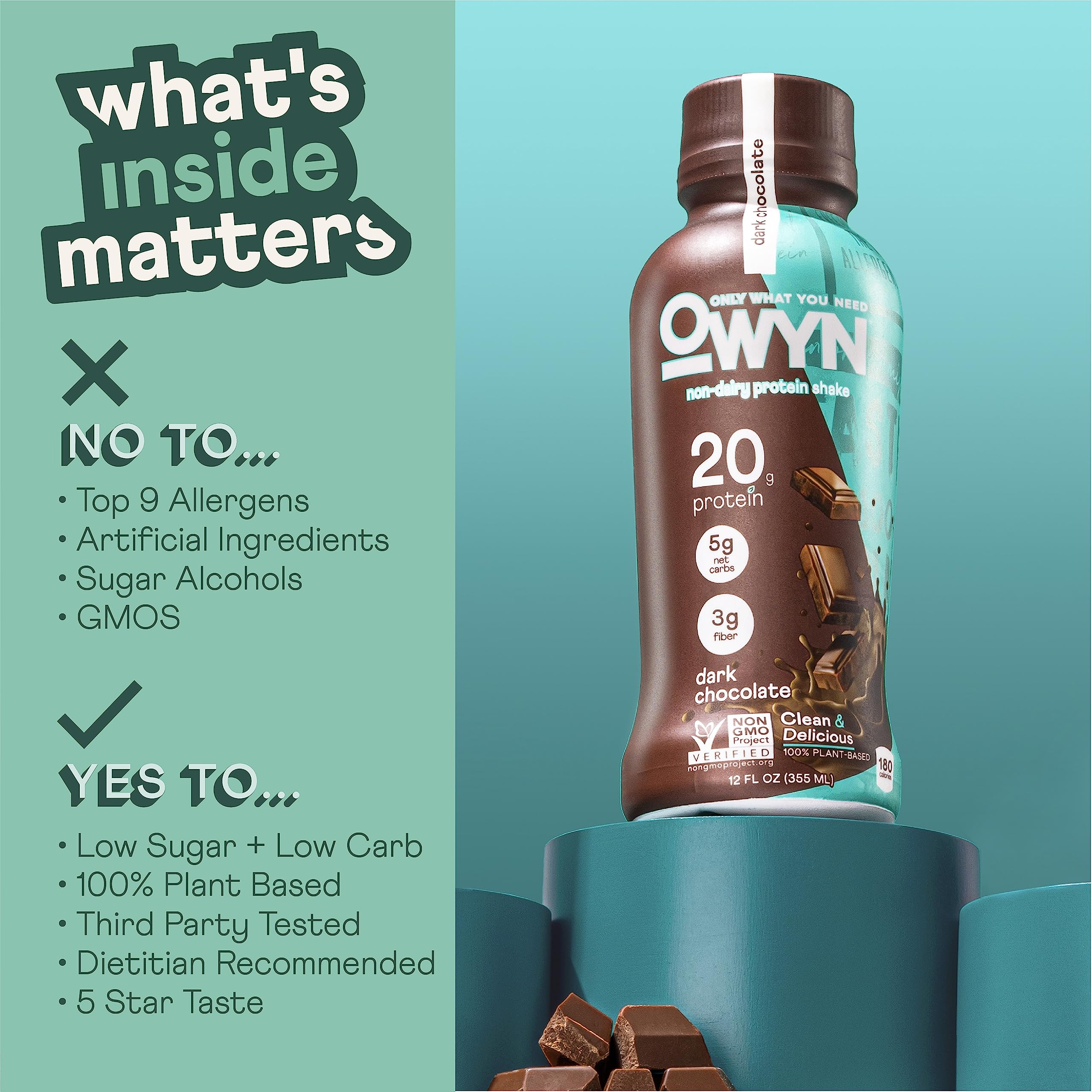 OWYN gluten dairy soy-free label emphasizes allergen-friendly vegan nutrition