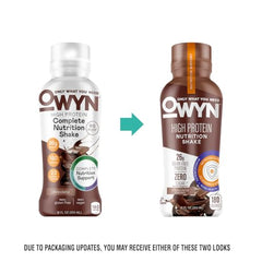 OWYN High Protein Shake chocolate bottle beside a glass for on-the-go meals.
