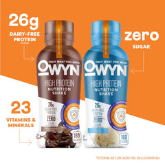 OWYN High Protein Shake chocolate glass showcases creamy, sugar-free hydration option.