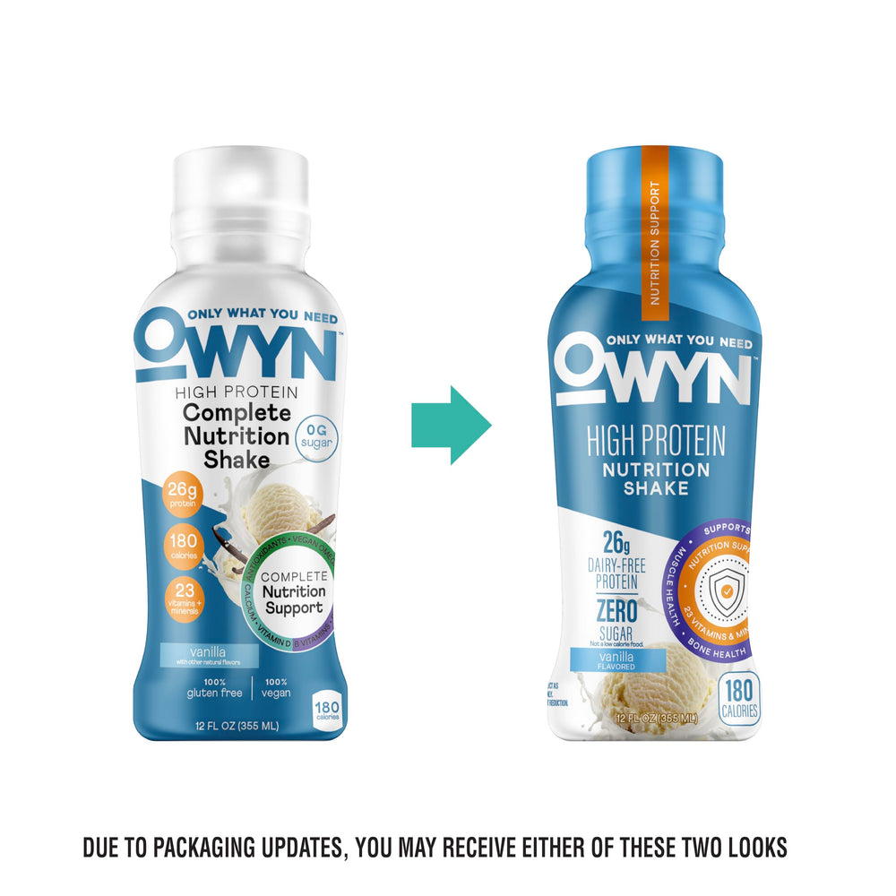 OWYN High Protein Shake nutrition facts panel emphasizes 26g protein and 3g fiber.
