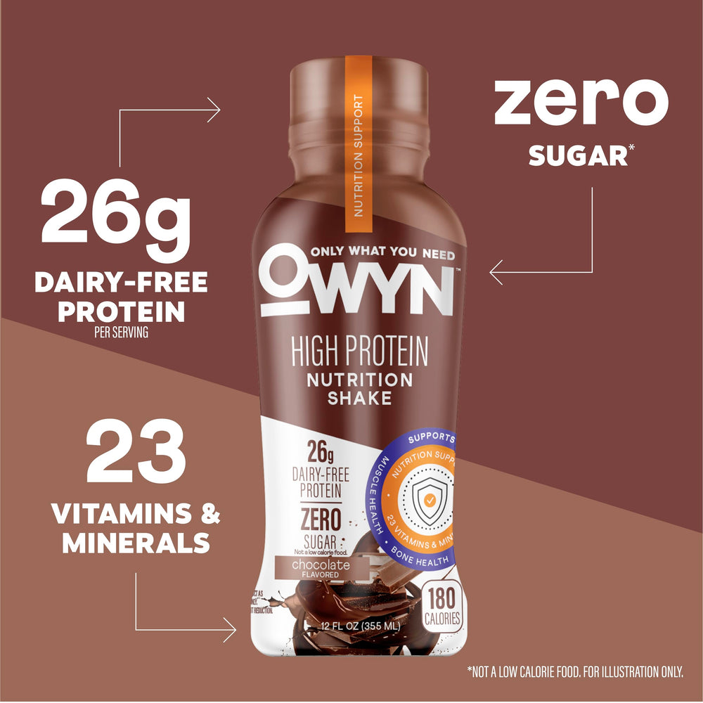 OWYN packaging highlighting zero sugar option for plant-based nutrition.