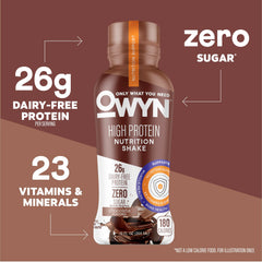 OWYN packaging highlighting zero sugar option for plant-based nutrition.