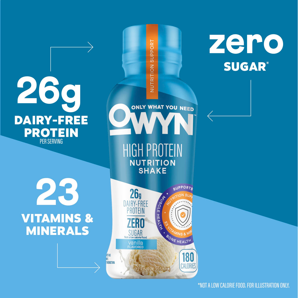OWYN Vanilla shake label highlights 26g protein and zero sugar per serving.