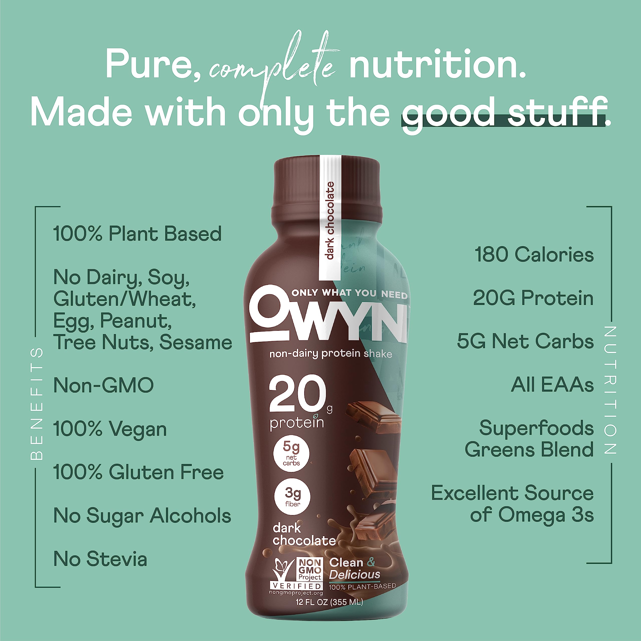OWYN ingredients pea pumpkin seed flax oil blend shown for complete amino acids