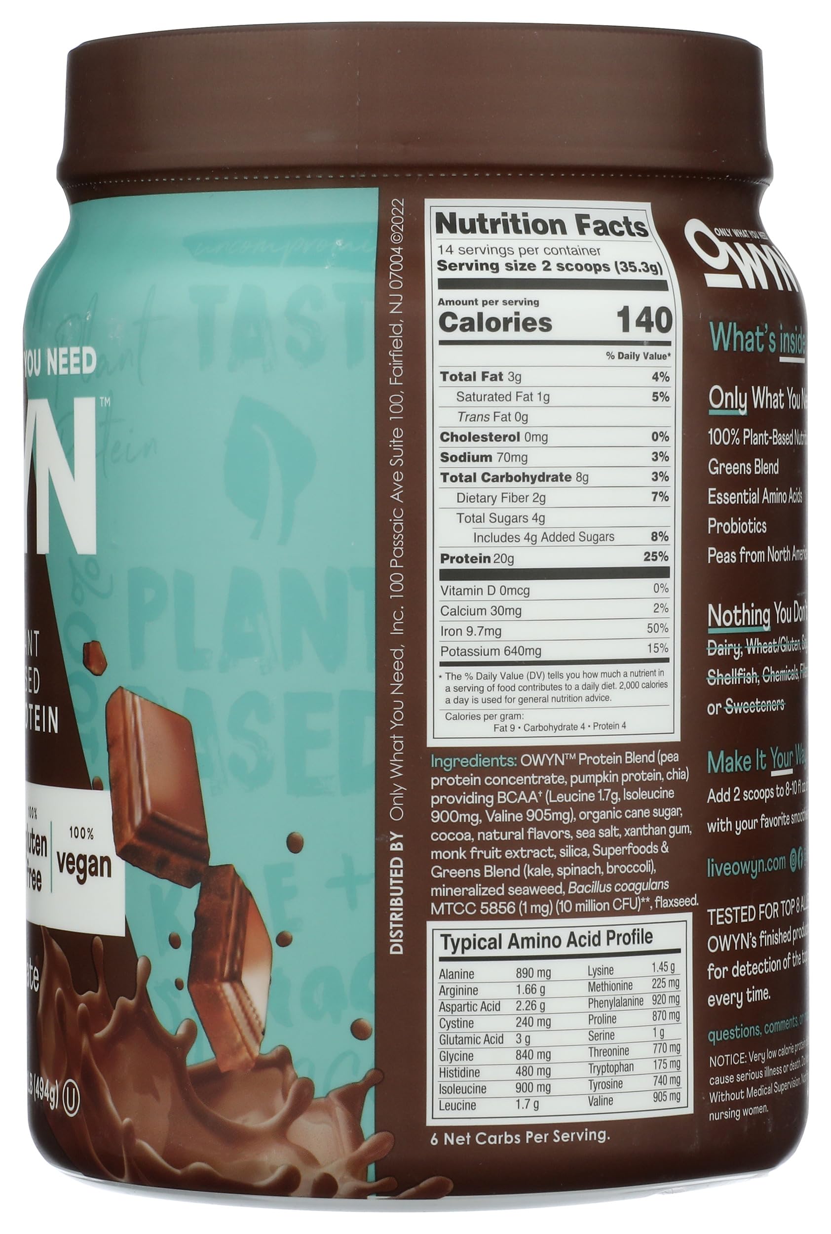 OWYN packaging noting non-GMO, kosher and carrageenan-free ingredients