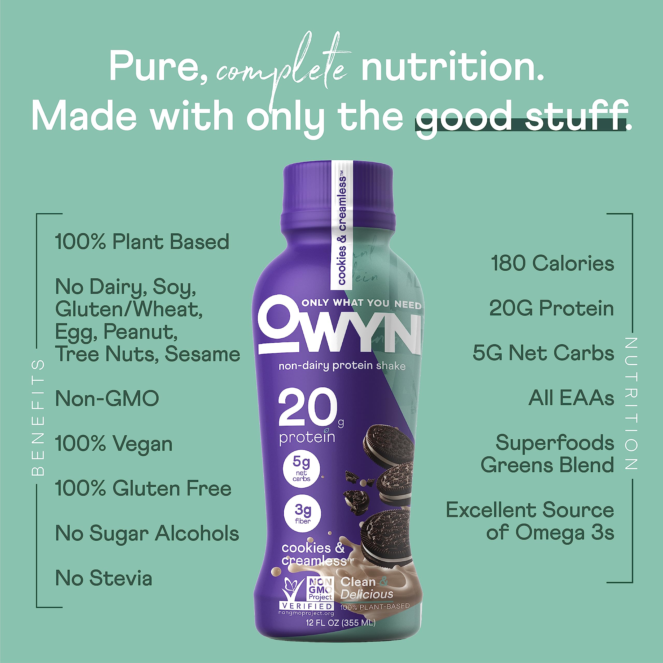 OWYN 20g protein plant-based shake bottle, gluten-free and dairy-free daytime fuel