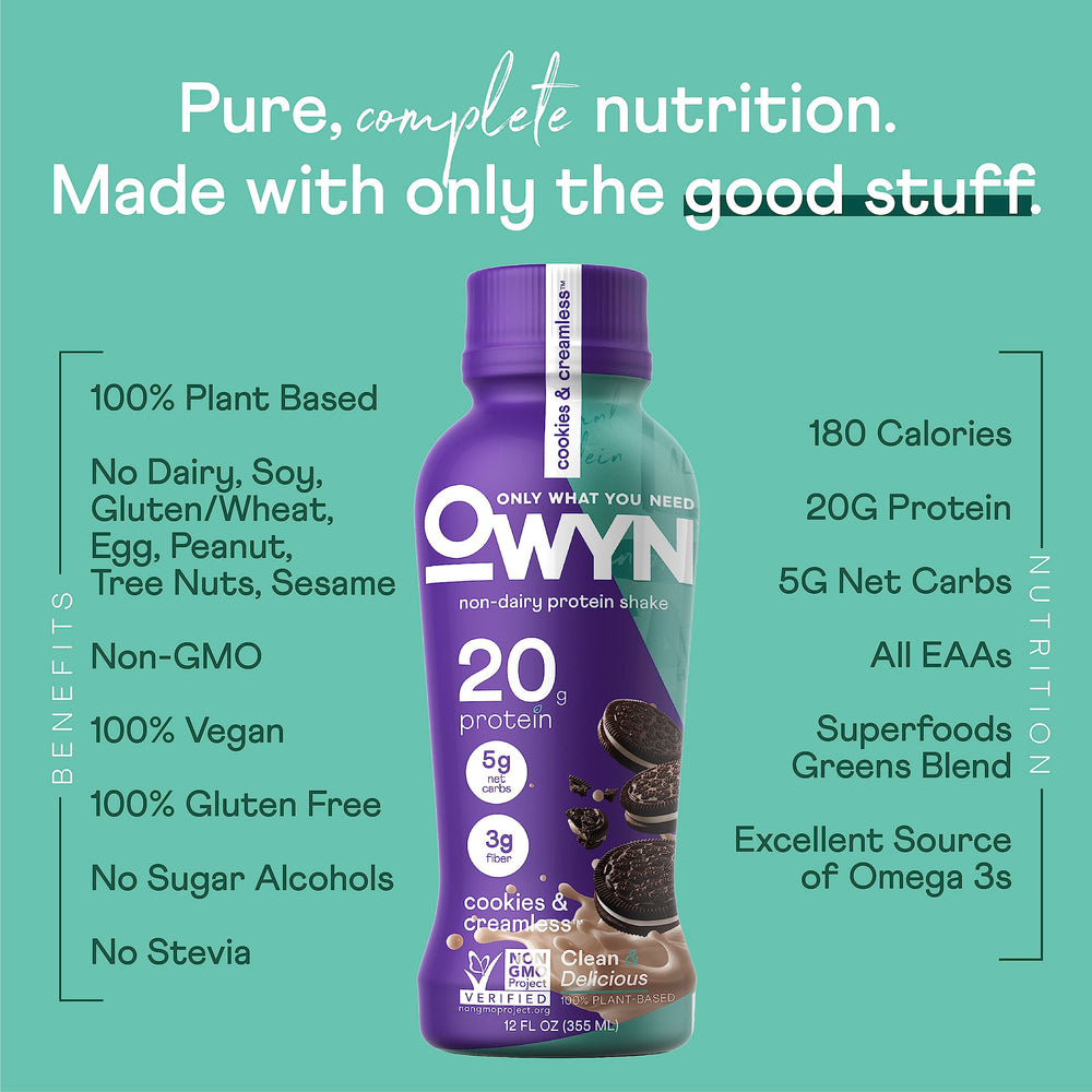 OWYN 20g protein plant-based shake bottle, gluten-free and dairy-free daytime fuel