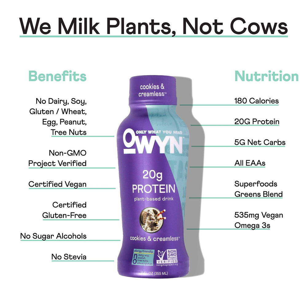 OWYN plant-based shake label highlights gluten-free and dairy-free features.