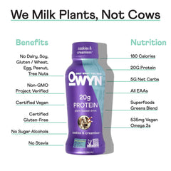 OWYN plant-based shake label highlights gluten-free and dairy-free features.